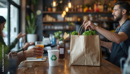 Wallpaper Mural Fresh takeaway lunch from cafe: A cheerful cafe worker hands a takeaway lunch to a customer in the cafe, with sustainability practices and healthy food options highlighted. Torontodigital.ca