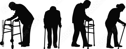 Elderly people silhouette set, seniors walking with cane and walker, old age mobility concept, black vector illustration, isolated human support design