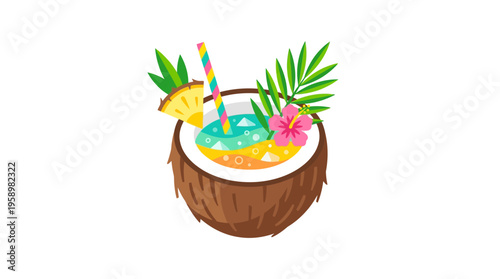 Tropical Coconut Cocktail with Pineapple and Flower.