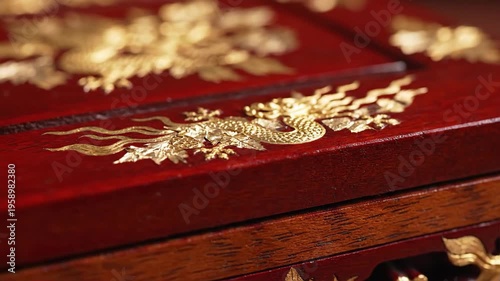 Closeup of ornate golden dragon inlay on a polished dark red wooden surface, traditional oriental craftsmanship, detailed cultural motif