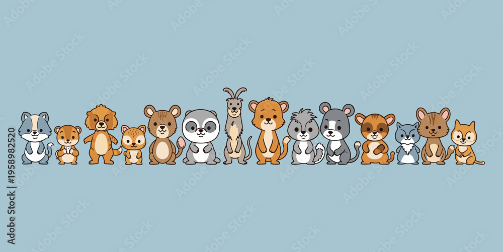 Fototapeta premium Cartoon lineup of fifteen cute animals including dog, bear, lion, kangaroo, sloth, goat, and more, colorful vector illustration symbolizing playfulness, creativity, and children’s learning concepts