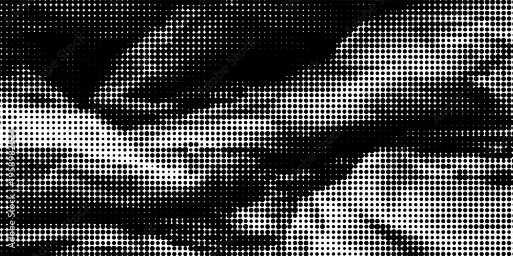 Fototapeta premium Halftone crumpled paper texture with a dotted, rough, and wrinkled surface. Black creased sheet background in comic pop-art style, featuring grainy folds and gritty distressed details.