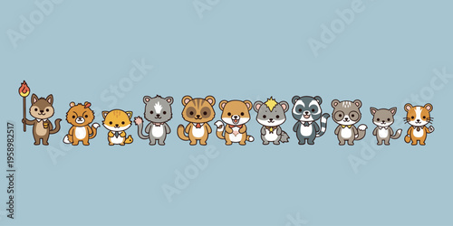 Cartoon lineup of eleven anthropomorphic animals including wolf, bears, fox, raccoon, cat, and hamster, colorful vector illustration symbolizing playfulness, creativity, and children’s learning concep