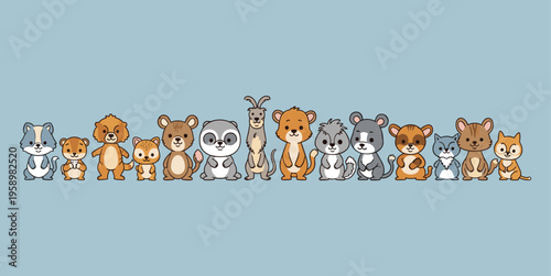 Cartoon lineup of fifteen cute animals including dog, bear, lion, kangaroo, sloth, goat, and more, colorful vector illustration symbolizing playfulness, creativity, and children’s learning concepts