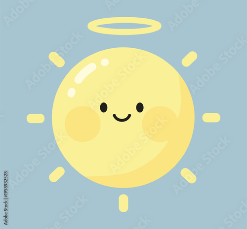 Cartoon sun with smiling face, cheeks, rays, and halo, colorful vector illustration symbolizing playfulness, creativity, children’s learning, and celestial design concepts