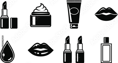 Cosmetics silhouettes illustration, lipstick, cream jar, lotion tube, lips, droplet, perfume bottle, beauty products, makeup design, black vector background