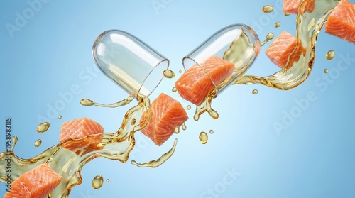 AI generated image of an opened transparent capsule with bursting pieces of raw salmon and golden fish oil splashes on a blue background. Natural Omega-3 dietary supplement concept.
