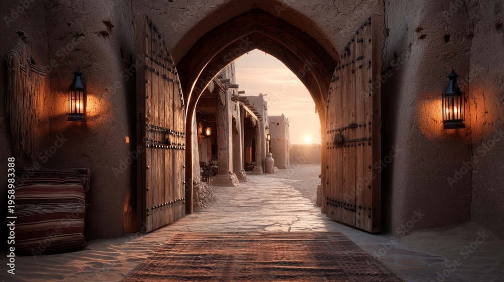 Fototapeta premium Grand Entrance to Mudbrick Caravanserai at Sunset with Warm Glow