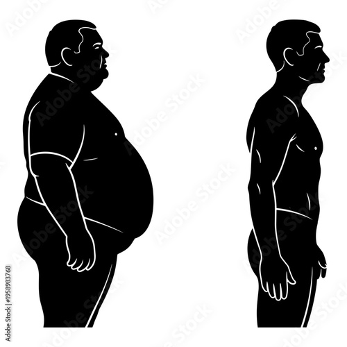 Comparison of body types between an overweight and a normal weight individual from the side Vector, illustration