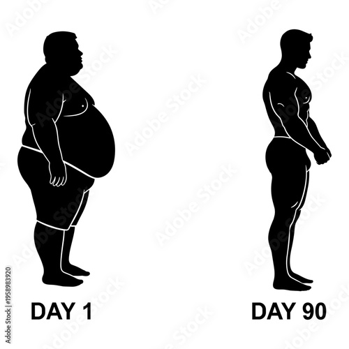 Transformation from day one to day ninety in a weight loss journey Vector, illustration