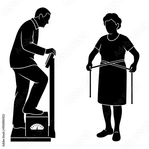 Man checking weight while woman measures waist with tape measure Vector, illustration