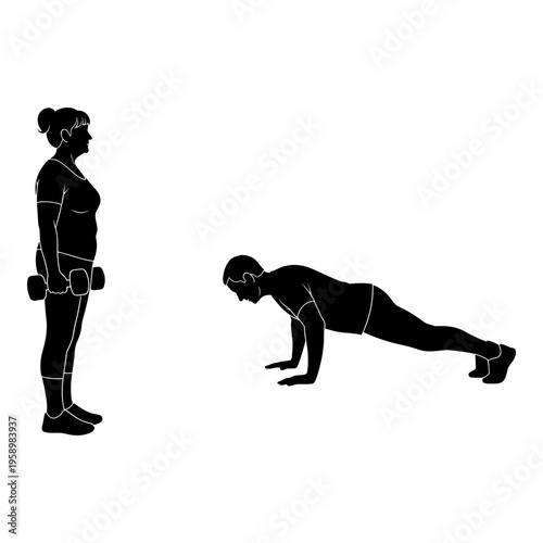 Demonstration of holding dumbbells and performing a plank exercise. Vector, illustration