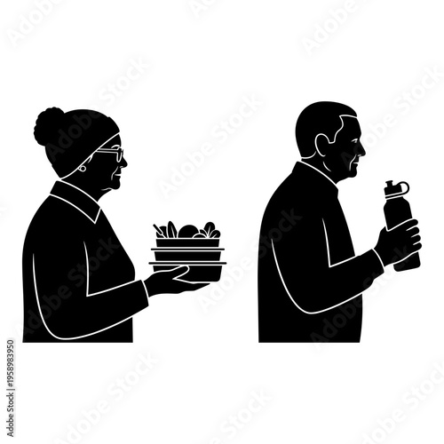 Elderly individuals exchanging a basket of produce and a bottle of liquid Vector, illustration