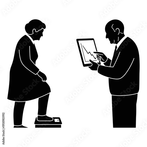 Professional discussing weight data with a client on weighing scale Vector, illustration