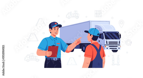 Two delivery men discussing logistics near a truck.