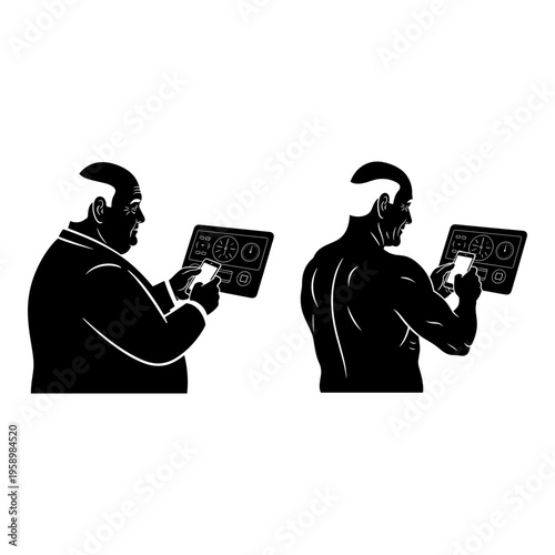 Contrast of modern technology use between two distinct historical figures Vector, illustration