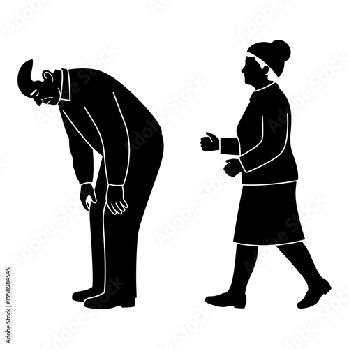 A person bending over while another person watches and holds a watch. Vector, illustration