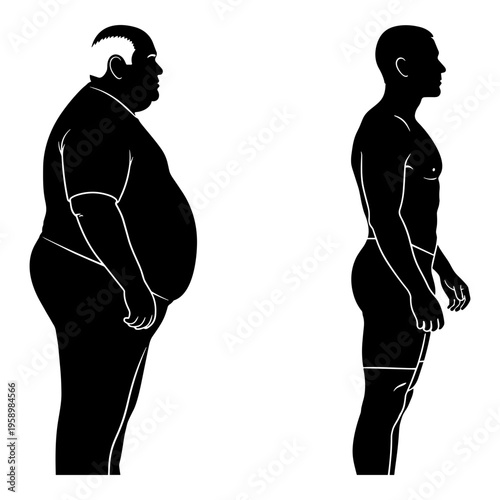 Comparison of body shapes between an obese and a normal-weight individual Vector, illustration