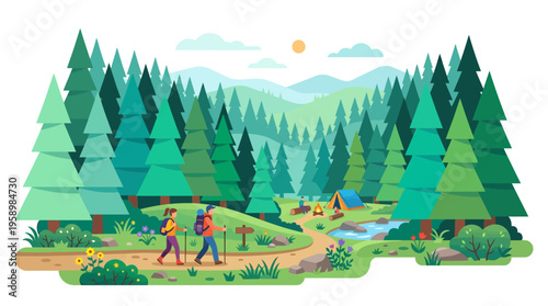 Two hikers walking on a forest trail with camping gear.