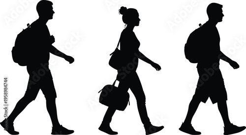 Walking silhouettes illustration, people with backpacks, travel, hiking, commuting, outdoor activity, motion design, black vector, lifestyle background concept