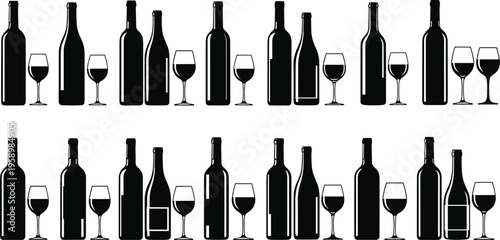 Wine bottles and glasses silhouette pattern, black minimalist design, beverage arrangement, alcohol drink concept, bar decoration, restaurant menu background illustration