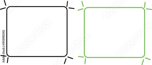 Two squares with rounded corners and radiating lines around them in black and green colors on white background