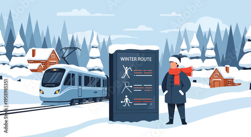 Man in winter coat and scarf standing near information board.