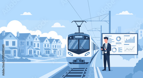 Man in suit standing on train platform with modern train arriving.