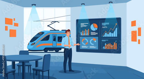 Man presenting data on a large screen in a modern office.