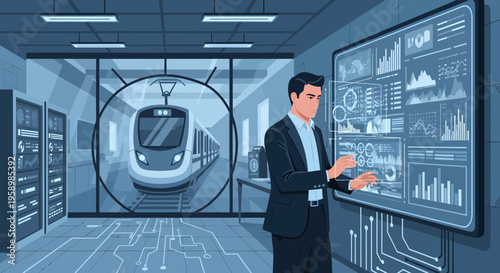 Man Interacting With Futuristic Train Technology Display.