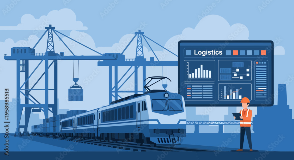 Fototapeta premium Modern Logistics Train and Digital Dashboard Technology.