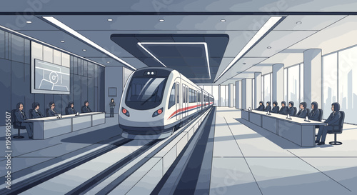 Modern HighSpeed Train Arriving at Futuristic Station.