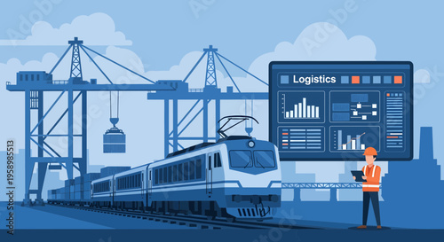 Modern Logistics Train and Digital Dashboard Technology.