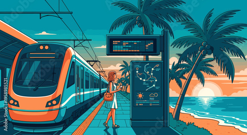 Modern Train Arriving at Tropical Beach Station.