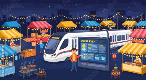 Modern Train at Festive Night Market with Digital Display.