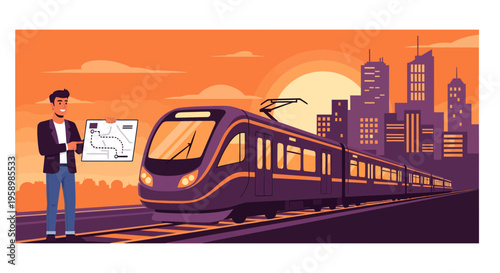 Modern Train Station with Passenger and Futuristic Train.