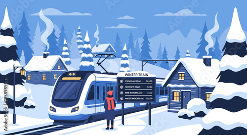 Modern Winter Train Station Scene with Passenger.