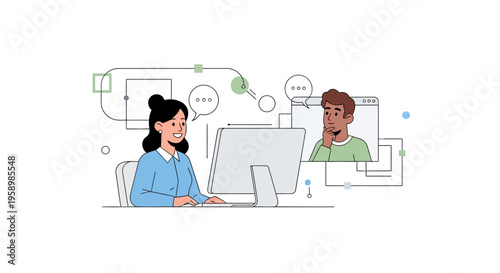 Two people communicating online via video call and computer.