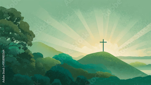 Cross on hill, sunrise landscape, green nature scenery, spiritual vector illustration