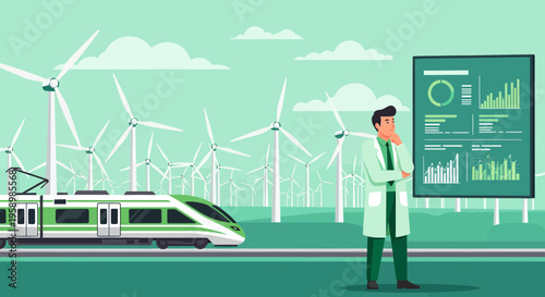 Scientist analyzing green energy train technology data.