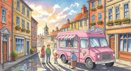 Pink ice cream truck serving happy family on sunny day.