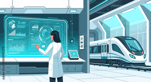 Scientist Interacting with Futuristic Train Technology Display.
