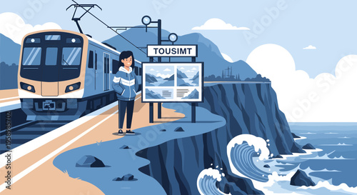 Woman waiting for train at scenic coastal station.