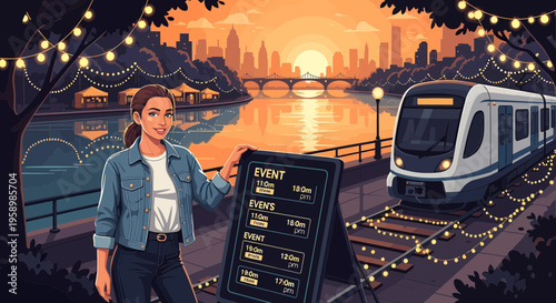 Woman Standing Next to Digital Event Schedule Board.