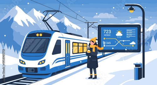 Woman waiting for train at snowy station.