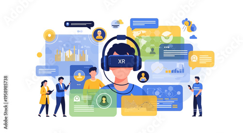 Virtual Reality Headset User Immersed in Digital World.