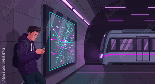 Young man engrossed in his smartphone in a futuristic subway station.