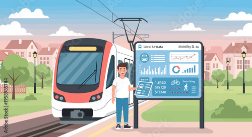 Young boy standing next to modern information display at train station.