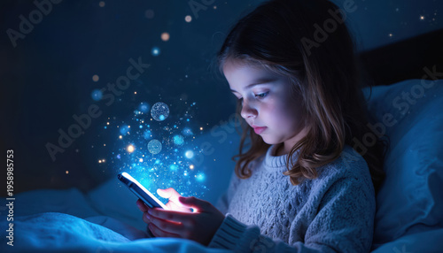 Young girl in bed at night uses smartphone with glowing magic effects. Digital fantasy world emanates from screen. Stars and light particles create dreamlike atmosphere for child.