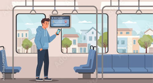 Young man holding smartphone inside public transport.